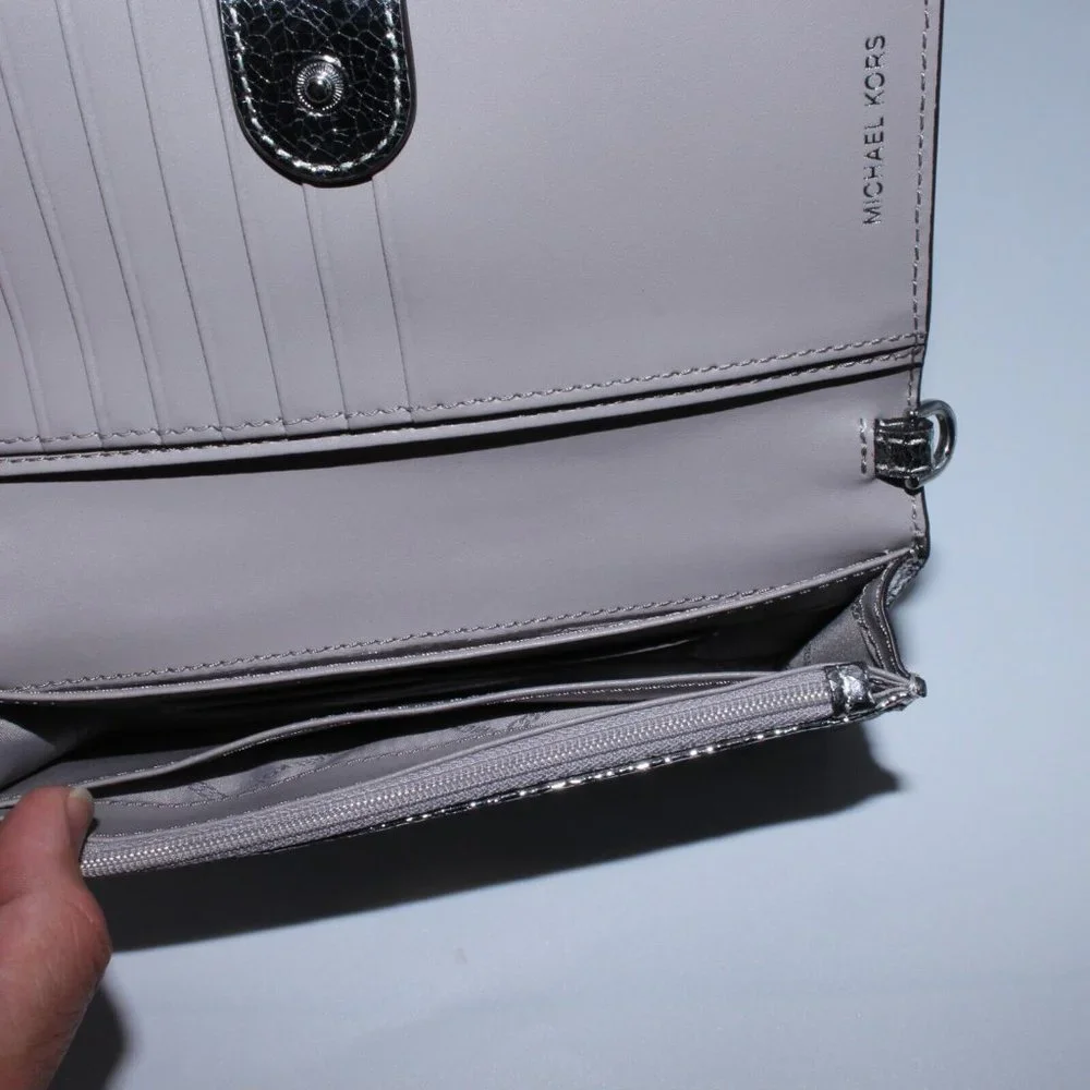 Michael Kors Medium Cross Body Bag Satchel Purse Gray Leather Metallic Silver